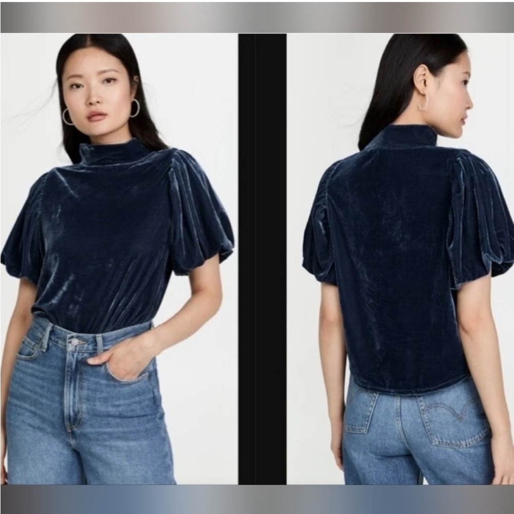 Free People Blue Puff Sleeve Blouse with Mandarin Collar